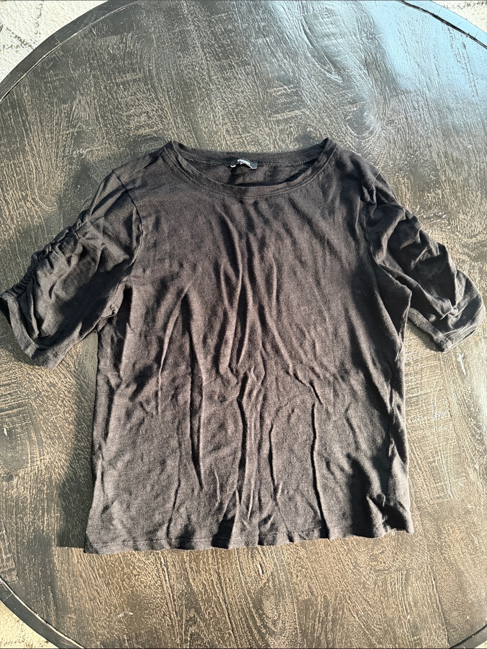 Express Black Short Sleeve Crewneck Top with Ruched Sleeves